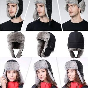 Unisex Black and Gray Rabbit Fur Trapper Ushanka Hat NWOT